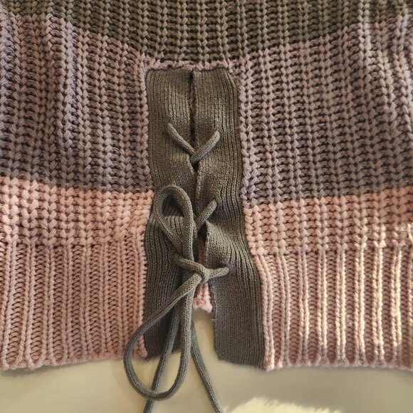 Rare Derek Heart Sz S off-shoulder Chunky Knit Sweater Pink Gray Tie Back Chic - Picture 6 of 10